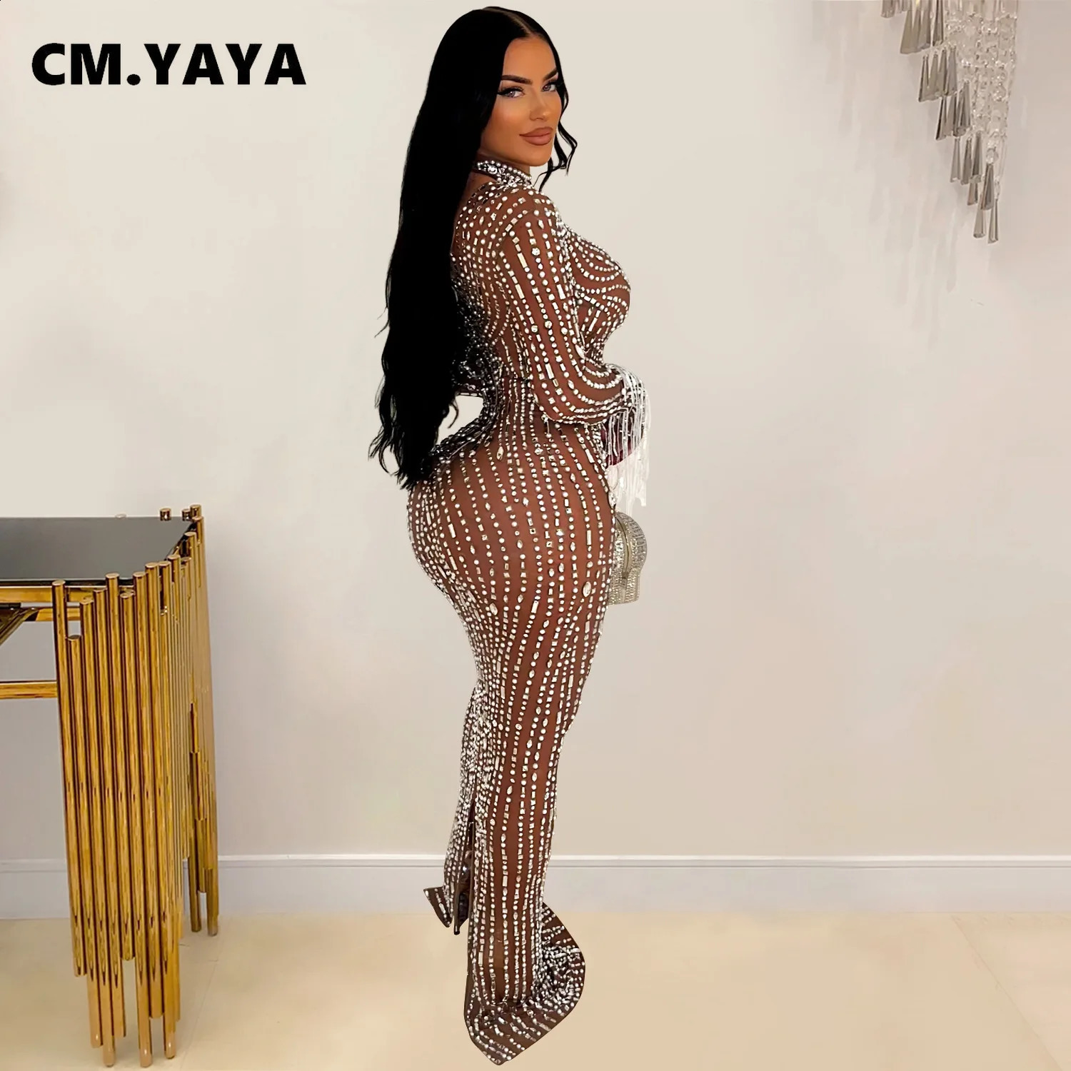 CM.YAYA 2024 Women Long Sleeve Mesh See Through Diamonds Rhinestones Bodycon Dress Woman Maxi Long Evening Birthday Dresses 241216