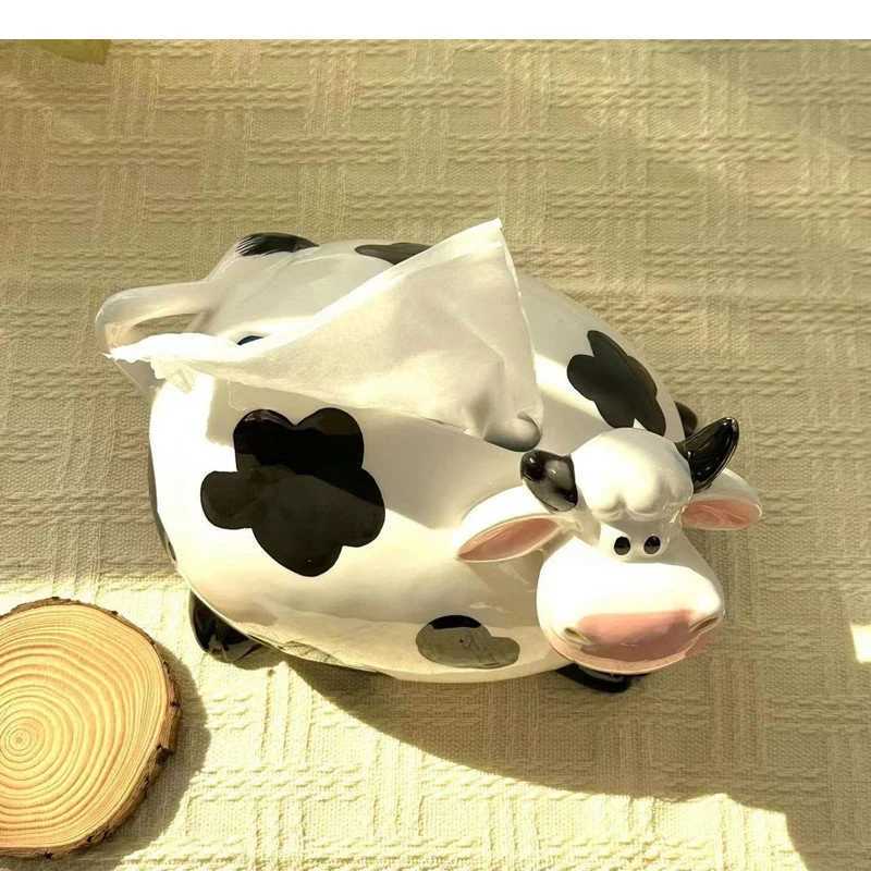 Cute cow tissue box sculpture ceramic handmade activity Ro napkin storage container Nordic He decorative art Y241218