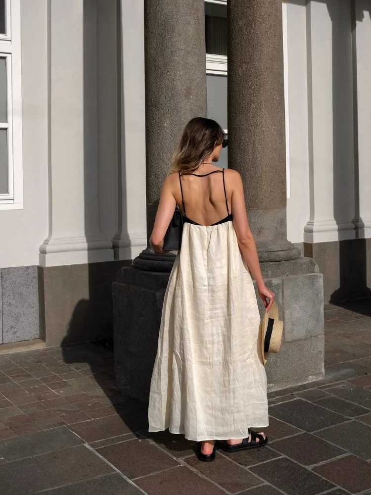 Fashion Contrasting Color Hollow Out Sling Maxi Dress Women Sexy Sveless Backless Loose Dresses 2024 Lady Casual StreetwearXJ241218