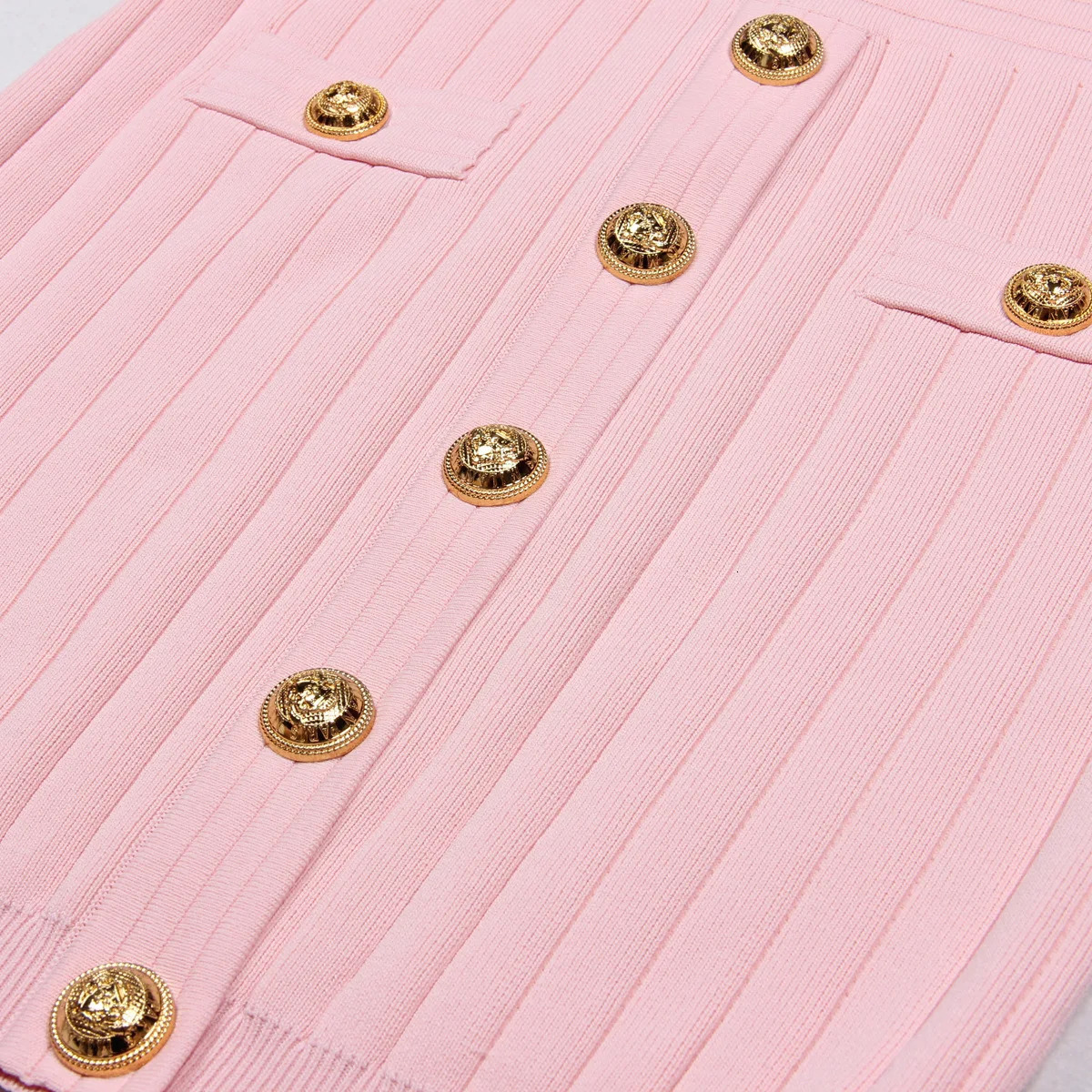 y Lion Head Gold Buttons Mini Dresses for Women Long Sleeves V Neck Vestidos Ladies High Quality Pink Dress Black 241218