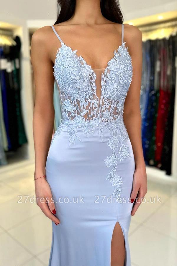 Elegant Mermaid Light Blue Prom Dressses Sexy Spaghetti Straps V-Neck Appliqued Split Evening Gowns Bc16422 6660311