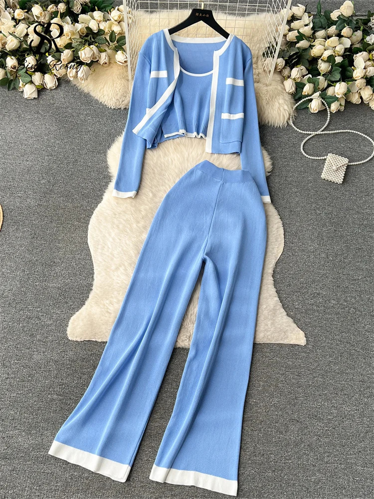 SINGREINY Autumn Knitted Three Pieces Sets Slim Tank TopLong Sleeves Short CardiganElastic Long Pants Fashion Sweater Set 241217
