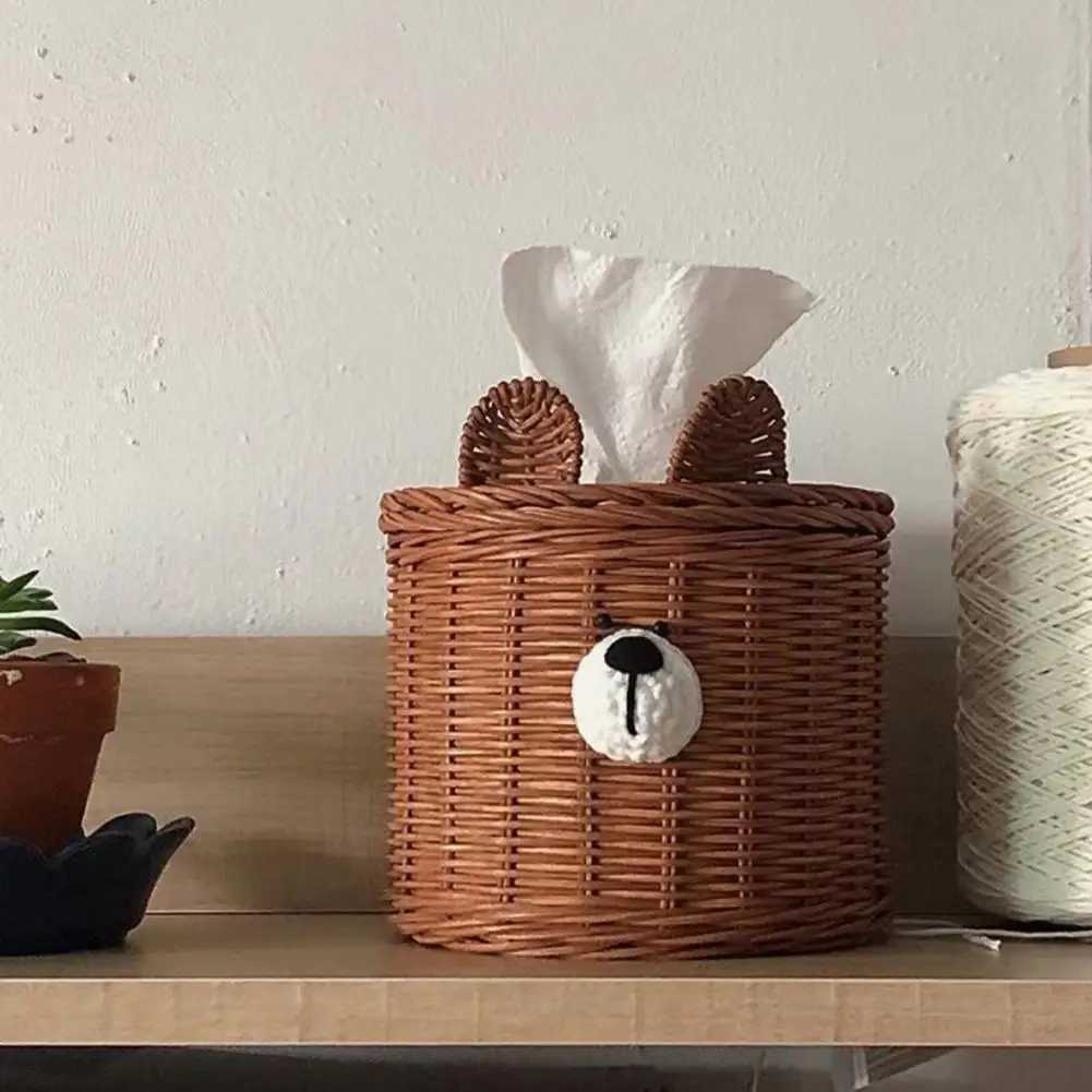 Nordic Style Bear Tissue Box Handmade Bear Lattan Tissue Box Desktop Roll Paper Tissue Rack Y241218