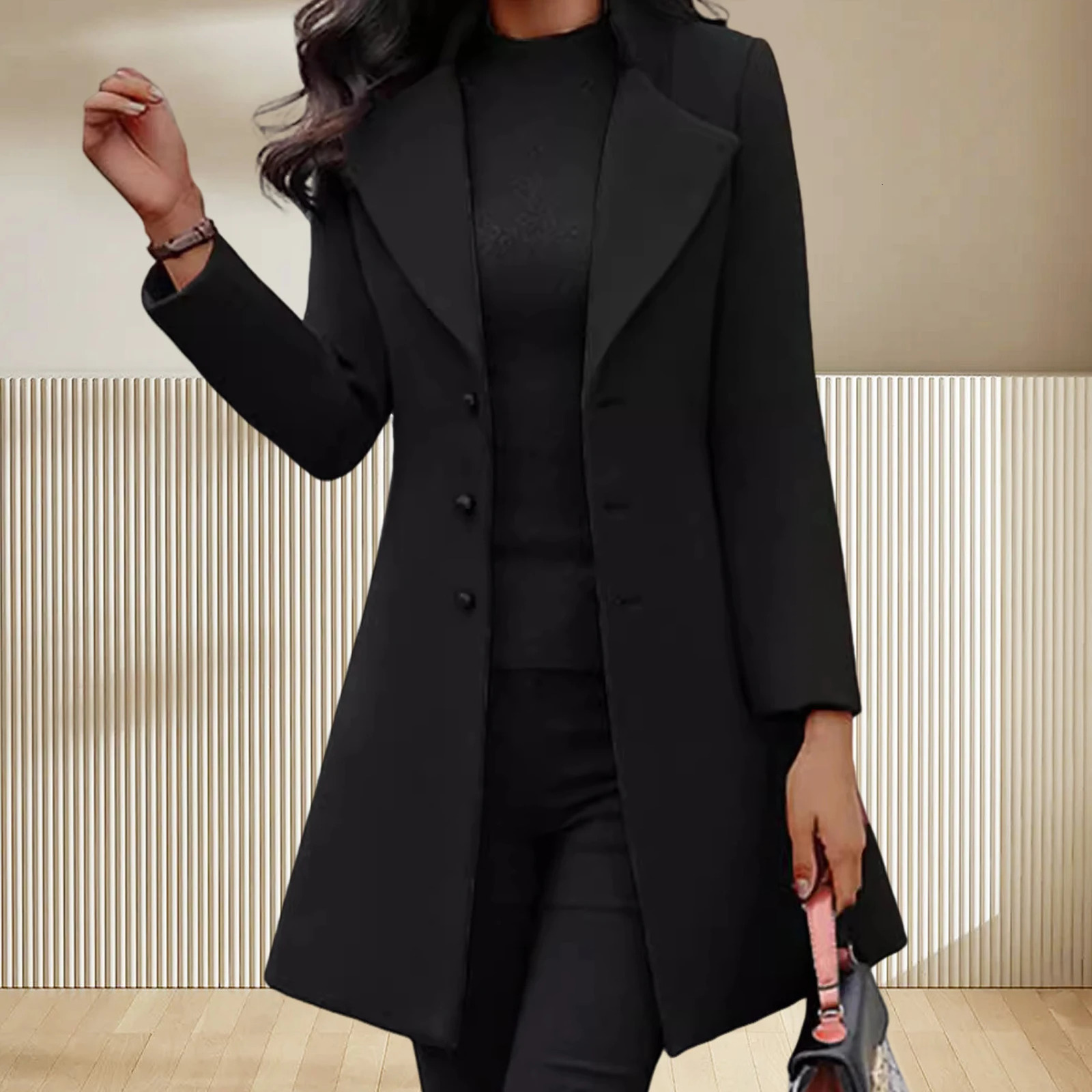 Women Woolen Coat Womens Autumn And Winter Mid Length Slim Fit Jacket Office Lady Single Breasted Wool