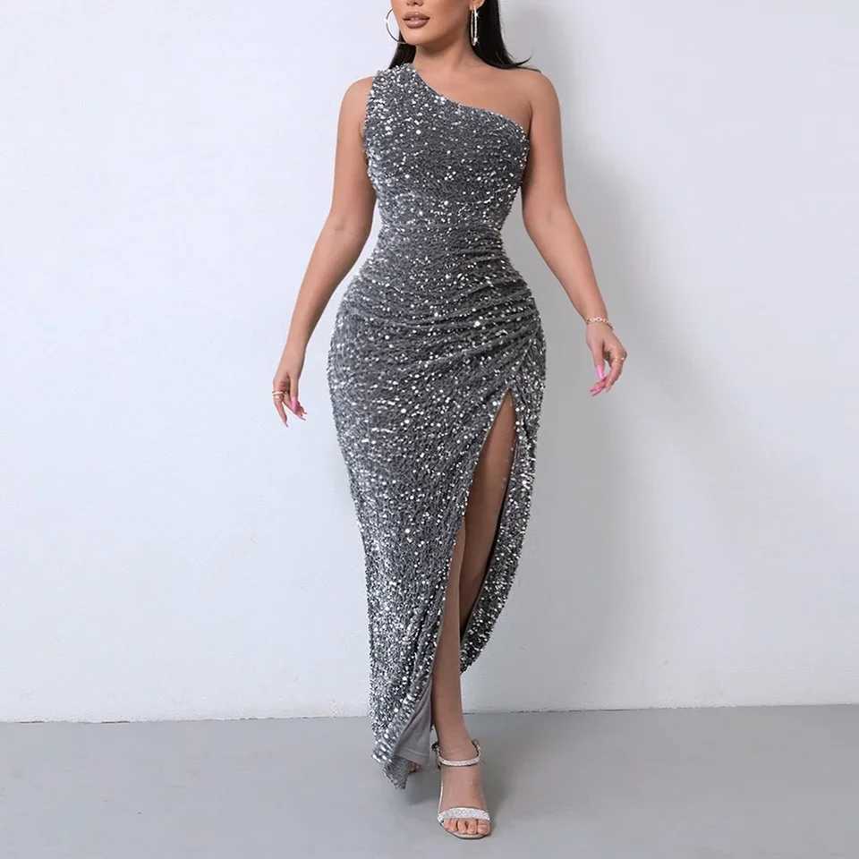 Single Shoulder Velvet Bodycon Womens Dress Glitter Slim Sequin Female It Formal Dresses Party Evening Prom Gala Dresses W241218