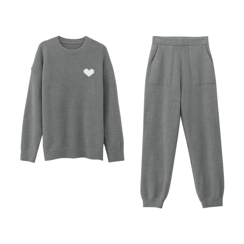 Z2-Home clothes suit with thickened ankles and warm skin-friendly round neck autumn and winter long-sleeved half-flannel pajamas for women