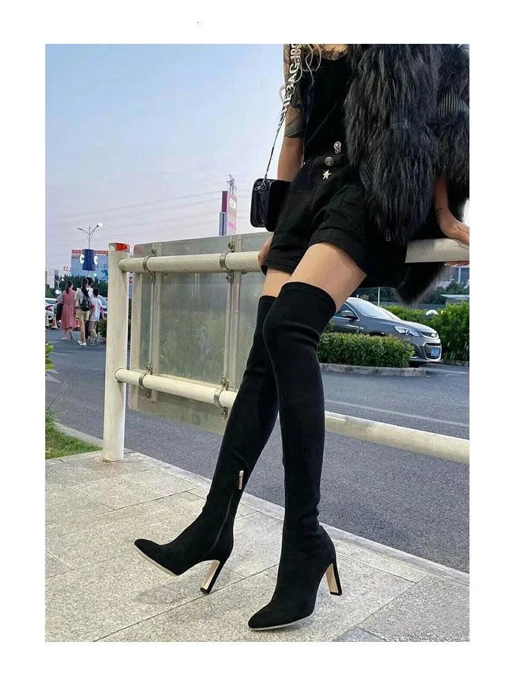 2024 Autumn And Winter New Over Elastic Women's High Heeled Pointed Knee Slim And Versatile Boots