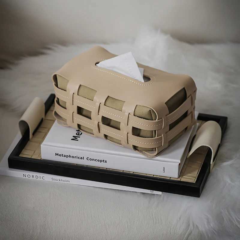 Nordic Luxury Leather Paper Holder Double Plaid Woven Tissue Box Luxury Desktop Napkin Organizer This Creative Handkerchief Y241218