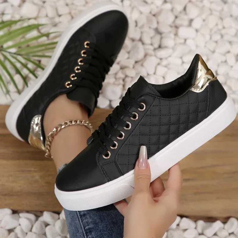 Size 35-41 2024 Women White Sneakers Spring Autumn Womens Fashion Black Lace-up Soft Sold PU Leather Shoes Ladies Casual Shoes Y241217