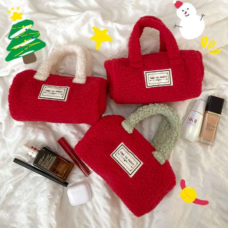 Women's Bags Christmas New Year's Red Envelope With Contrasting Colors, Lamb Fur Handbag, Plush Storage Bag