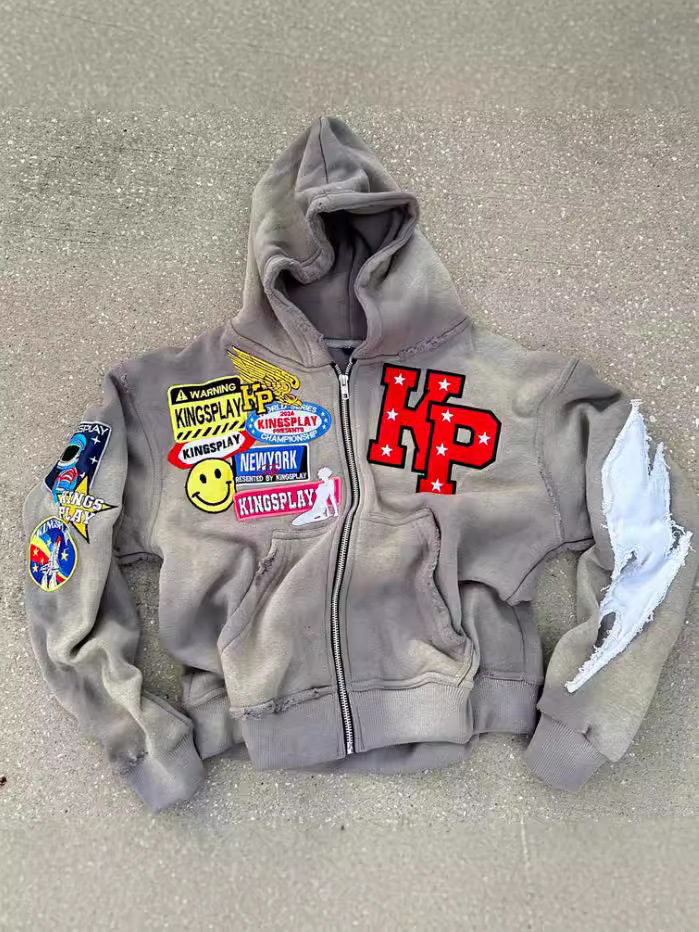Y2k High Street Embroidered Oversized Zipper Hoodie Women Men Harajuku Hip-hop Gothic Sweatshirt Retro Trendy Brand Streetwear
