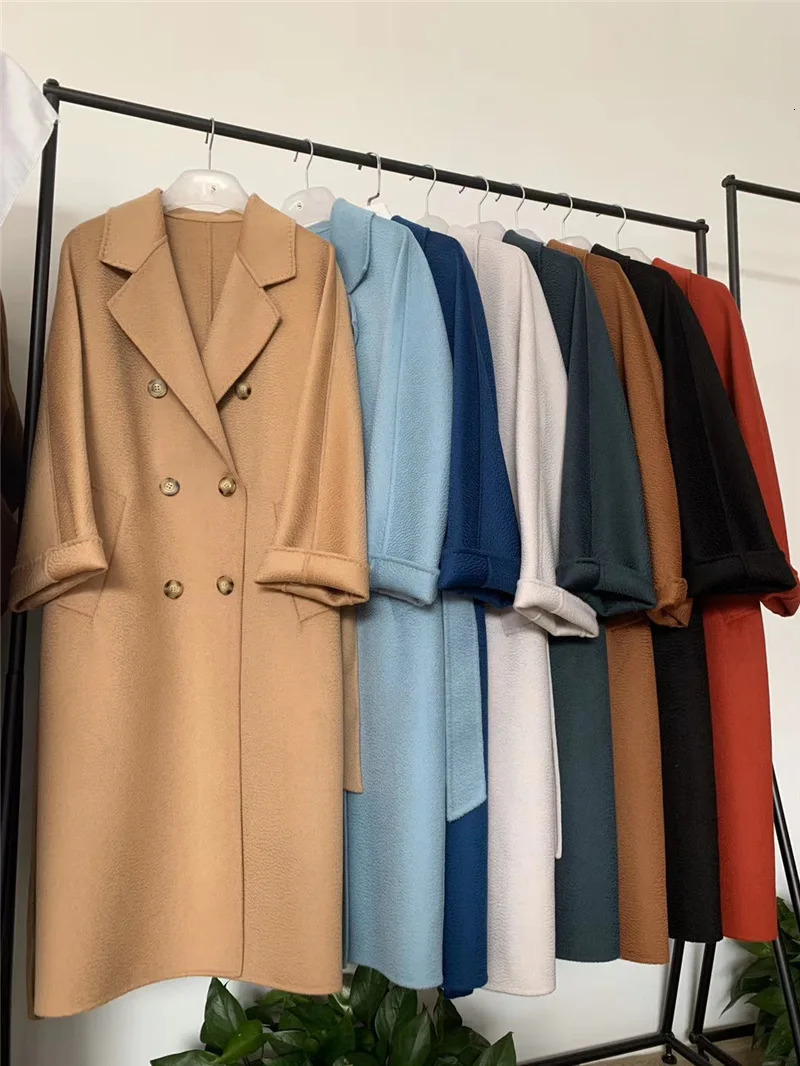 Wool Blends Autumn and Winter y Doublesided Cashmere Overcoat Womens Long Length Highend Lapel Coats with Belt 241217