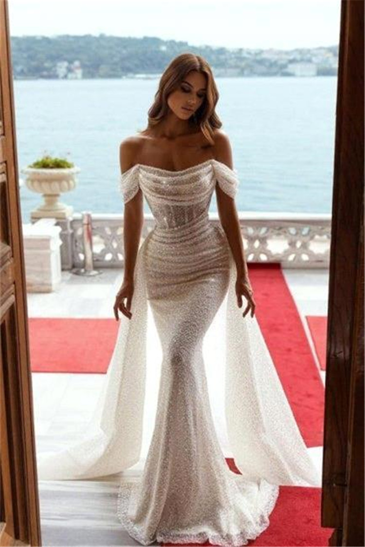 Sparkg Sequins Mermaid Wedding Dresses Off The Shoulder Bridal Gown Beaded Ruffles Sweep Train Summer Beach Plus Size Vestido De Novia BC10977