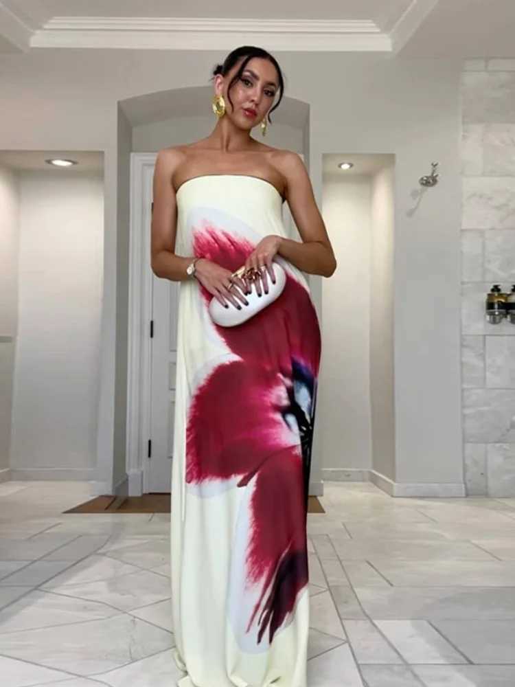 2025 Women Summer New Floral Printed Strapless Loose Dresses Casual Off Shoulder Sveless Maxi Dress Lady Vacation Beach RobesXJ241218