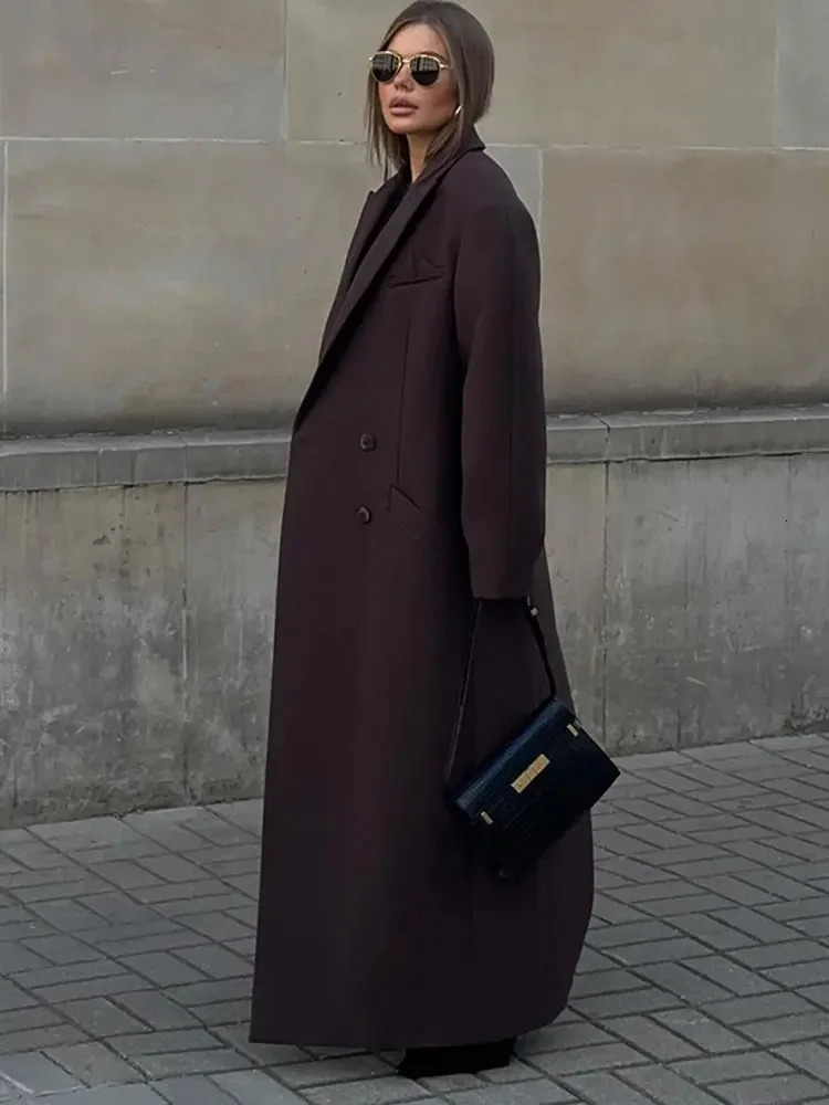 Vintage Brown Double Breasted Long Coat With Shoulder Pad Women Elegant Lapel Full Sleeves Loose Overcoats Autumn Lady Outwears 241217
