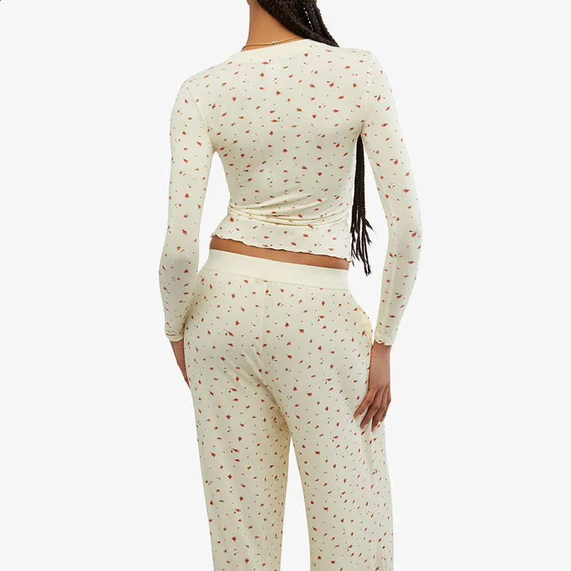 WPNAKS Women 2 Piece Pant Sets Spring Autumn Clothes Solid Color Long Sleeve Crop Tops and Elastic Wide Leg Pants Sleepwear 241217