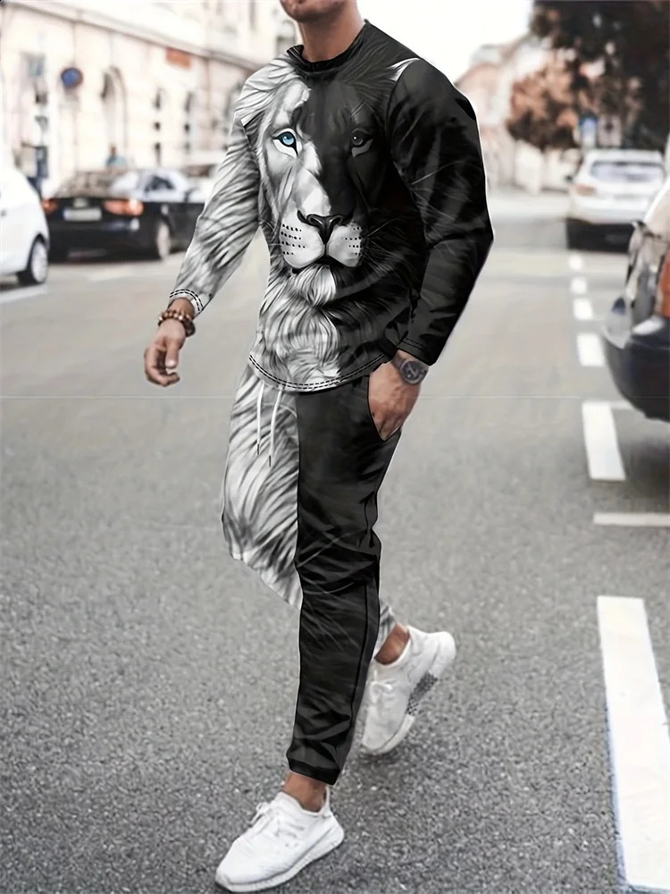 Spring And Autumn Mens Daily Casual Long-sleeved T-shirt Street Fashion Mens Pants Outdoor Sports Men 3D Dragon Print Set 241217