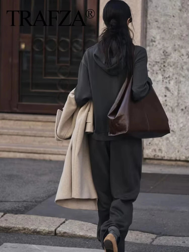 TRAFZA Trendy Solid Sweatshirt Set For Women Long Sleeves Causal Hooded SweatshirtDrawstring High Waist Straight Pants 241217