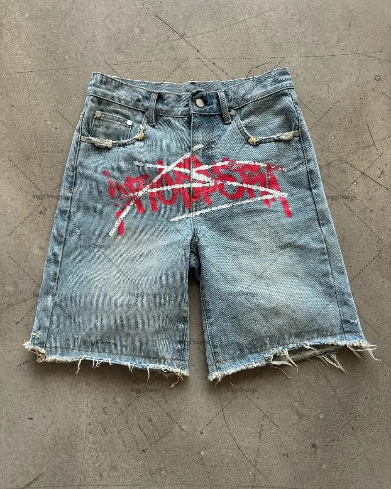 2024 Harajuku Street Hip Hop Casual Loose Straight Jeans Mens US Y2K Alphabet Printing Fashion Edition Denim Shorts 241212Z