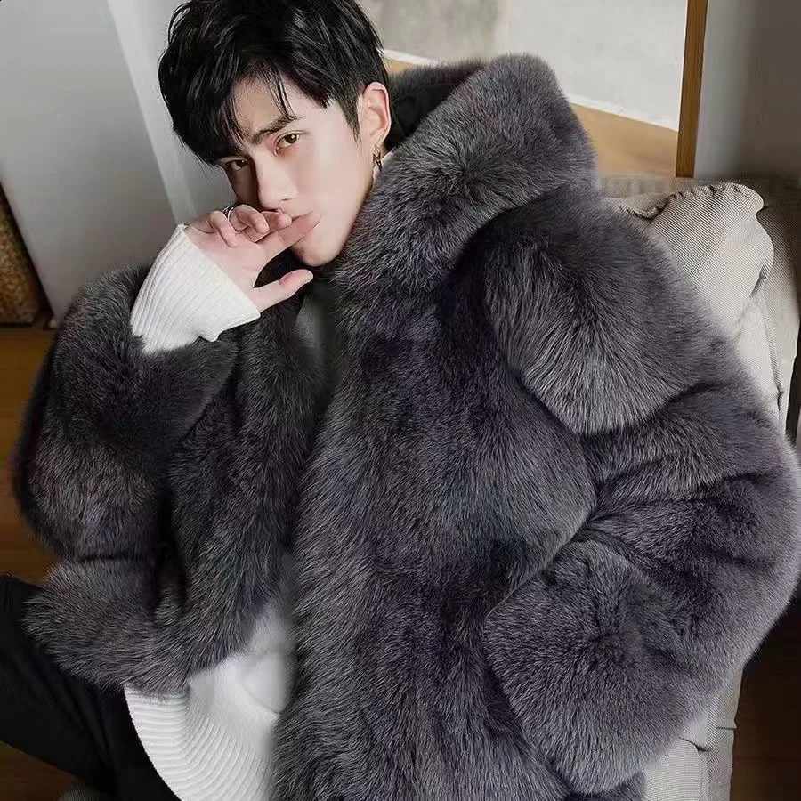 2024 Thick Mens Fur Warm Soft Artificial Plush Hoodie with Hat Fashion Light Top Coat Windshield 241211