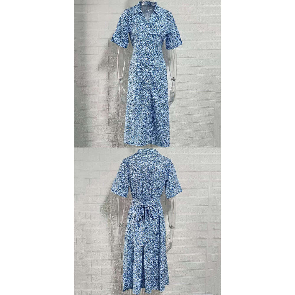 New Printed Dress With Lapel, Short Sleeved, Ral Mid Skirt, Temperament For Commuting, European And American Style, Fashionable Quality, Classic