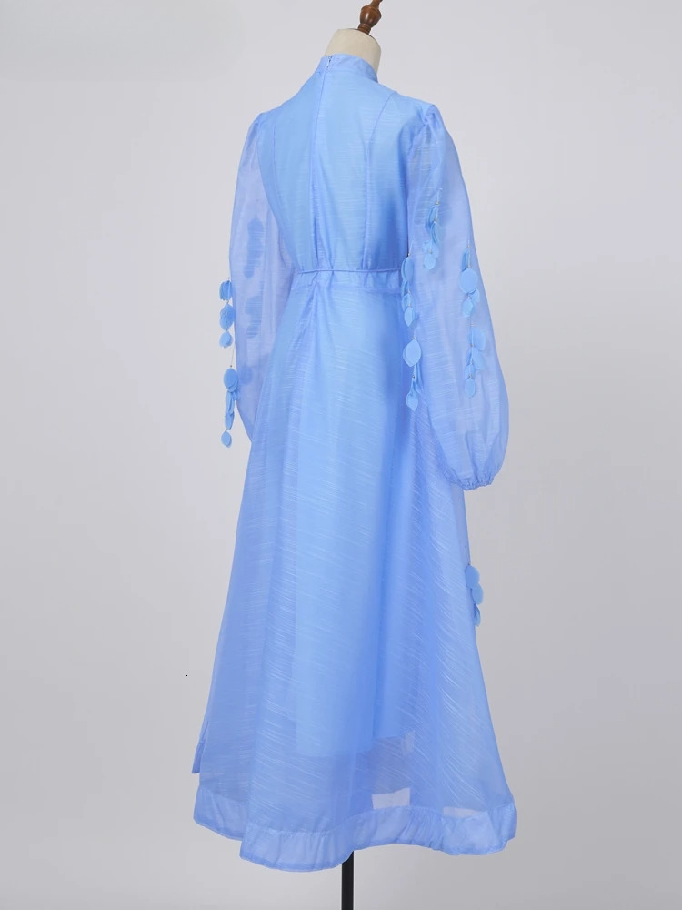 2025 Spring Summer Holiday Beading Tassels Splice Organza Loose Dresses Women's Stand Lantern Sleeve Ral Lace Up Vestidos