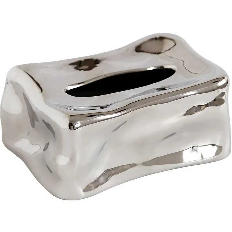 Nordic Luxury Ceramic Tissue Box Cube Design High-end Plated Metal Tissue Holder Ins Tea Table Storage Decorative Ornament Y241218