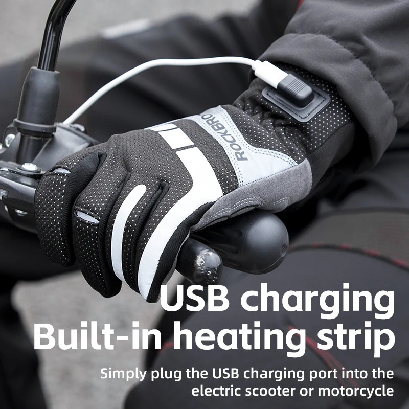 ROCKBROS Warm Bicycle Women Mens Gloves Winter SBR Touch Screen USB Heated Gloves Windproof Plam Breathable Motor E-bike Gloves 241218