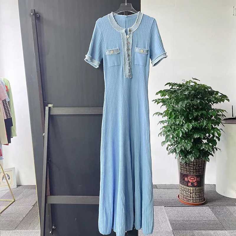 Yuoooo Brand Fashion Denim Patchwork O-neck Single Breasted Knit Maxi Dress Ele Pockets Long Shirt Dress Vacation RobesXJ241218