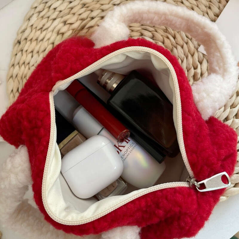 Women's Bags Christmas New Year's Red Envelope With Contrasting Colors, Lamb Fur Handbag, Plush Storage Bag