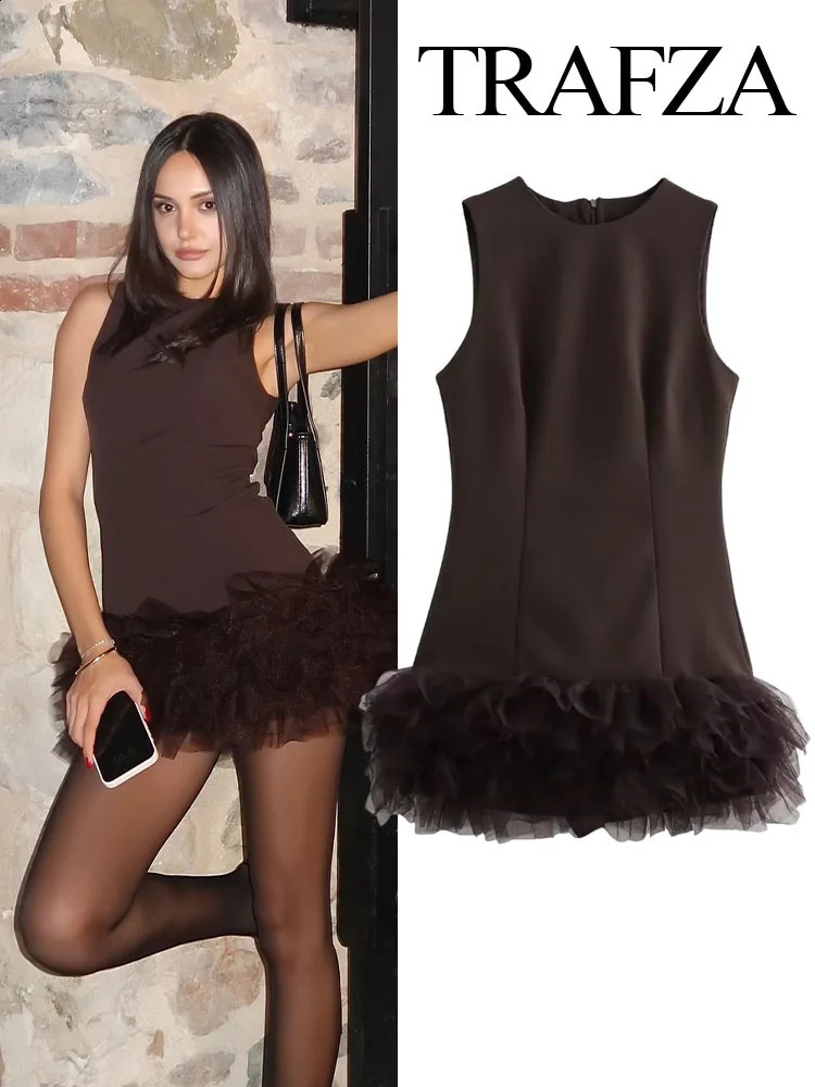 TRAFZA Womens Fashion Edition Round Neck Solid Chiffon Splicing Dress for Womens Sexy and Elegant Slimming Sleeveless Zipper Short Skirt 241213