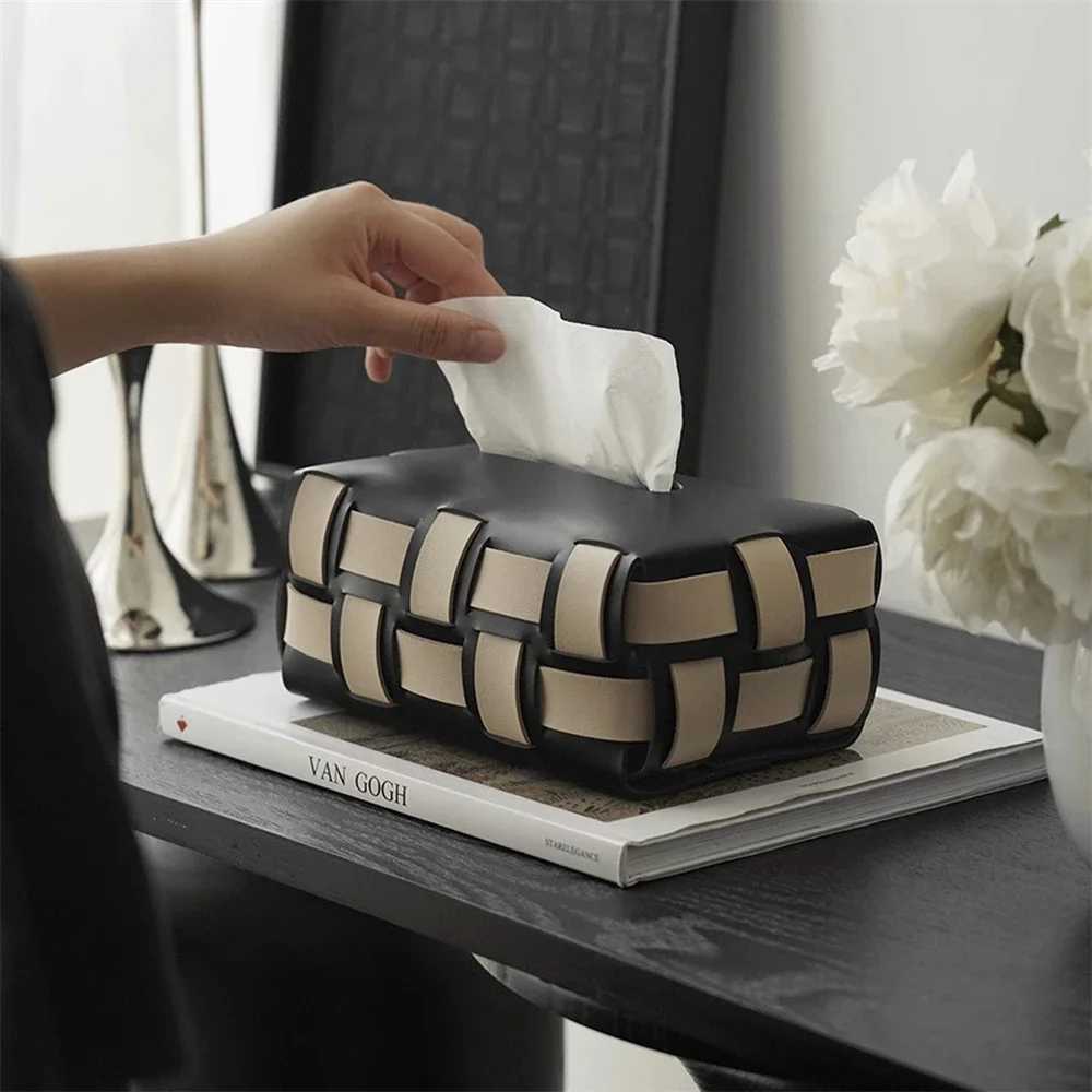PU leather paper holder double plain weave tissue box luxury desktop napkin organizer creative handle headscarf cover Y241218