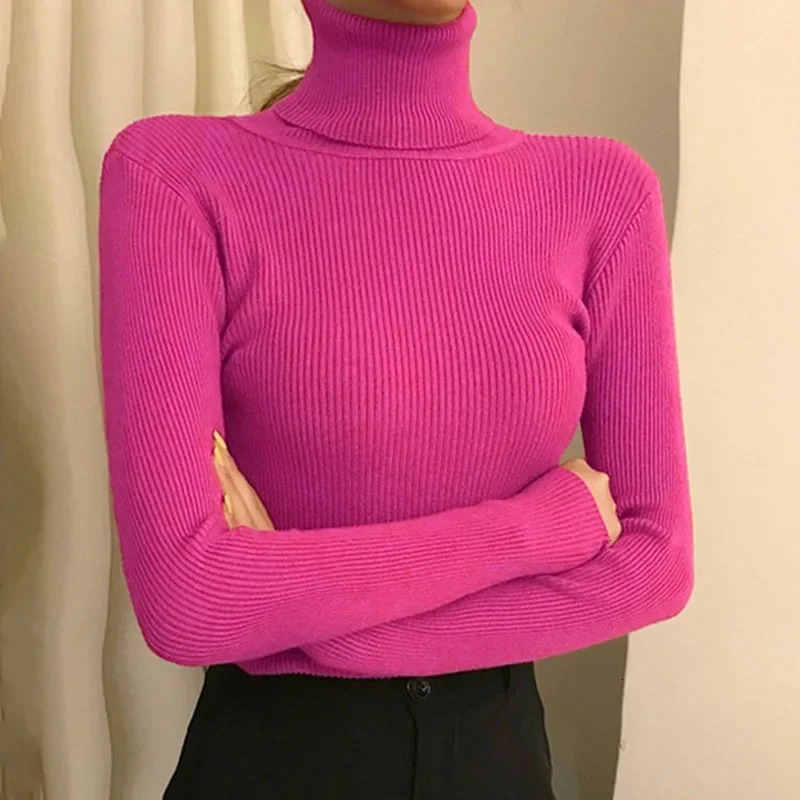 Women Sweater Pullover Winter Knitted Turtleneck Long Sleeve Slim Jumper Tops Ladies Casual Shirts Soft Warm Y2K Clothing 241217
