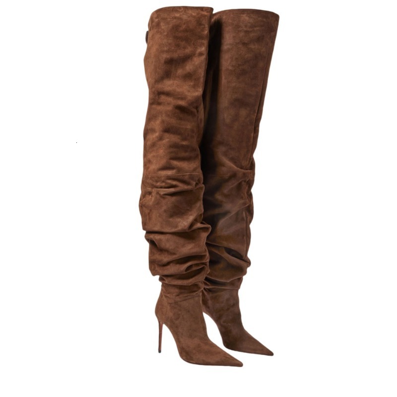 European American Autumn And Winter High-Heeled Pleated Knee High For Women, Fashionable Pointed Sleeve Stacking Boots