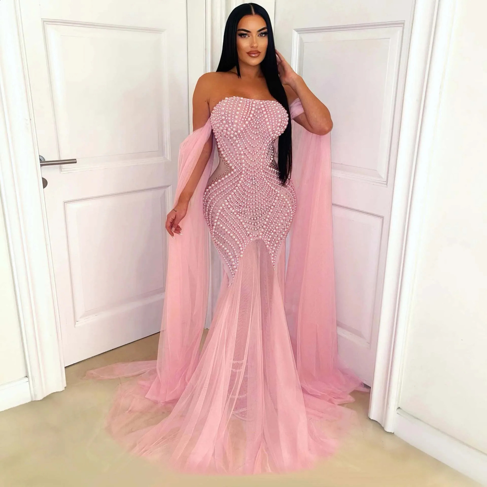 Pink Rhinestone Pearl Dress Lady Party Bodycon Evening Dresses Women Summer Elegant Maxi Long Mesh Off Shoulder Dresses 241217