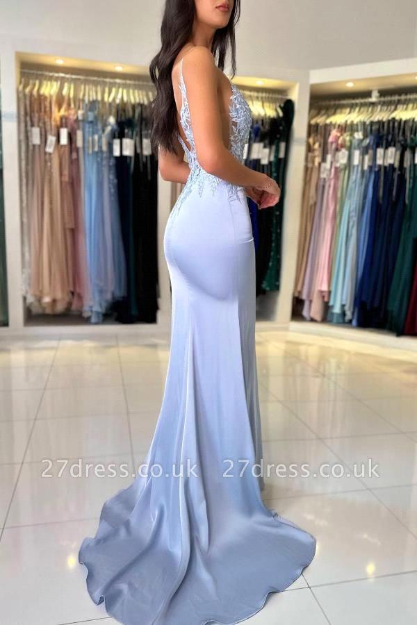 Elegant Mermaid Light Blue Prom Dressses Sexy Spaghetti Straps V-Neck Appliqued Split Evening Gowns Bc16422 6660311
