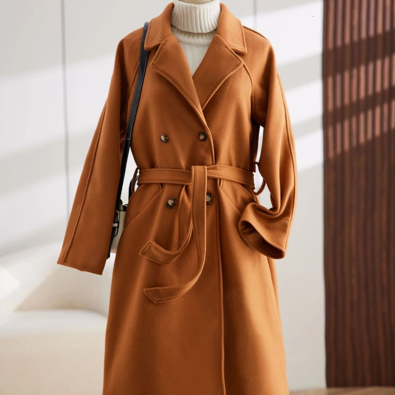 Autumn Winter y Women Trench Coat Tweed Double Breasted Loose Long Korean Cinched Waist and Tied Belt 241217