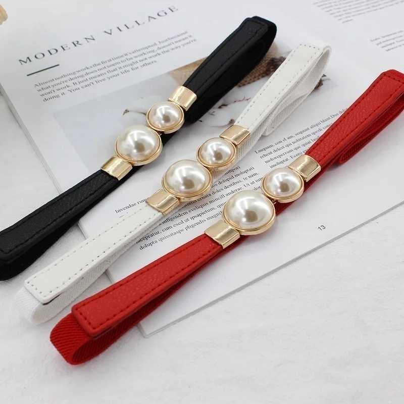 Fashion Double Pearl PU Leather Dress Tight Waist Elastic Thin Belt Womens Fashion Accessories W250326