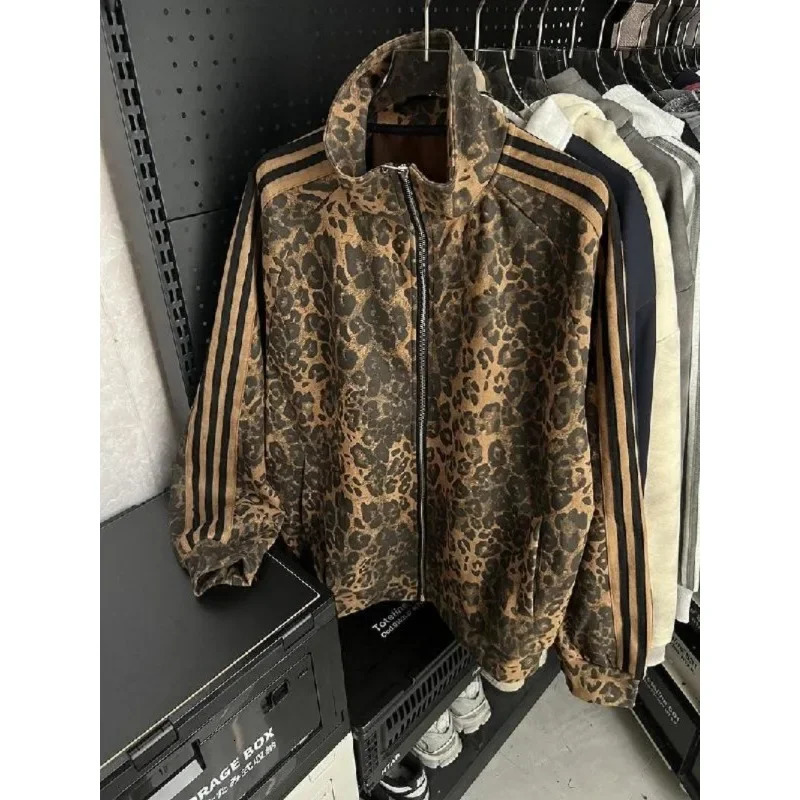 Y2K winter clothes warm casual coat Leopard print cardigan zipper striped long-sleeved high-quality turtleneck jackets for women 241214