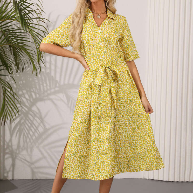 New Printed Dress With Lapel, Short Sleeved, Ral Mid Skirt, Temperament For Commuting, European And American Style, Fashionable Quality, Classic