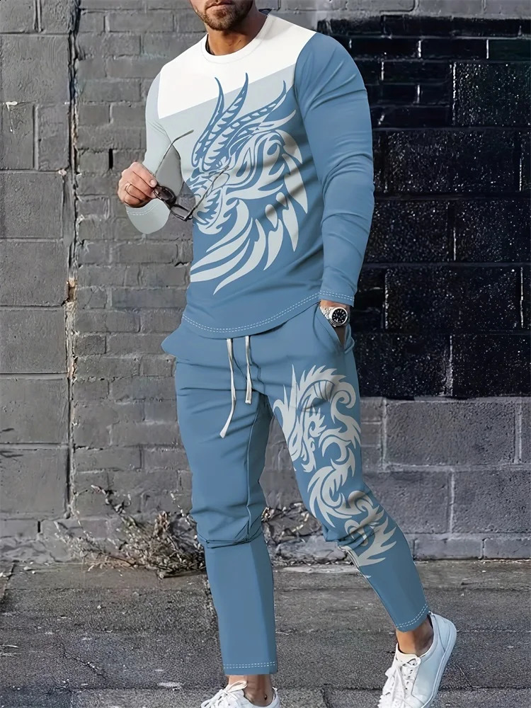 Spring And Autumn Mens Daily Casual Long-sleeved T-shirt Street Fashion Mens Pants Outdoor Sports Men 3D Dragon Print Set 241217