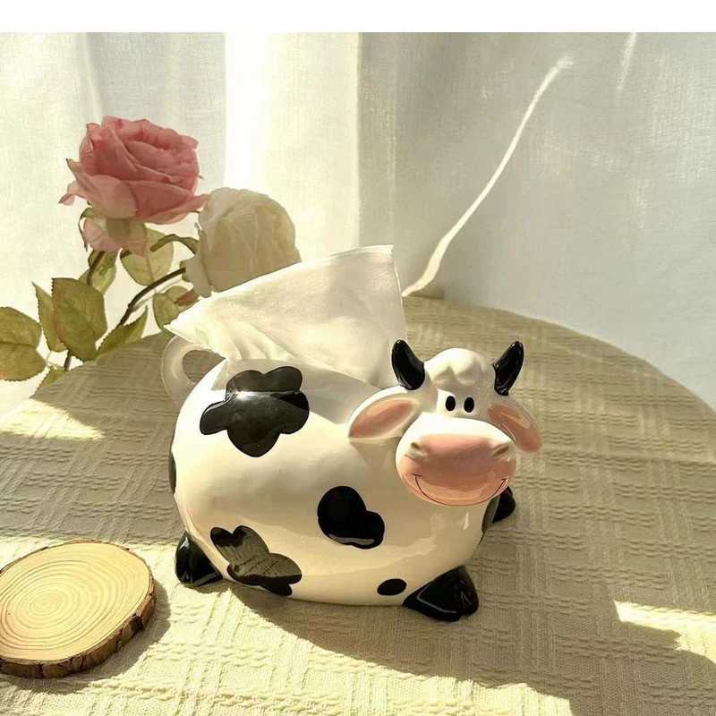Cute cow tissue box sculpture ceramic handmade activity Ro napkin storage container Nordic He decorative art Y241218