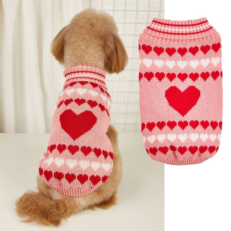 Valentine's Day Love Red Pink Jacquard High Collar Collar Dog Sweater Knitted Sweater