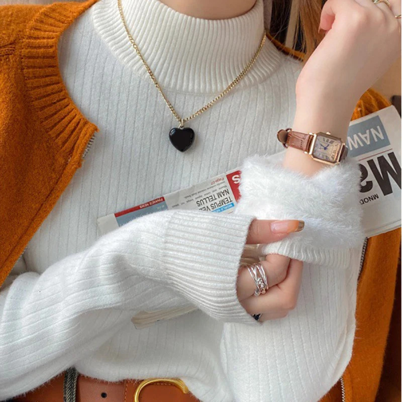 Epligg Womens Turtleneck Sweater Winter Retro Red With Velvet Lining Thickened Inner Wear Thermal Knitting Bottoming Shirt 241217