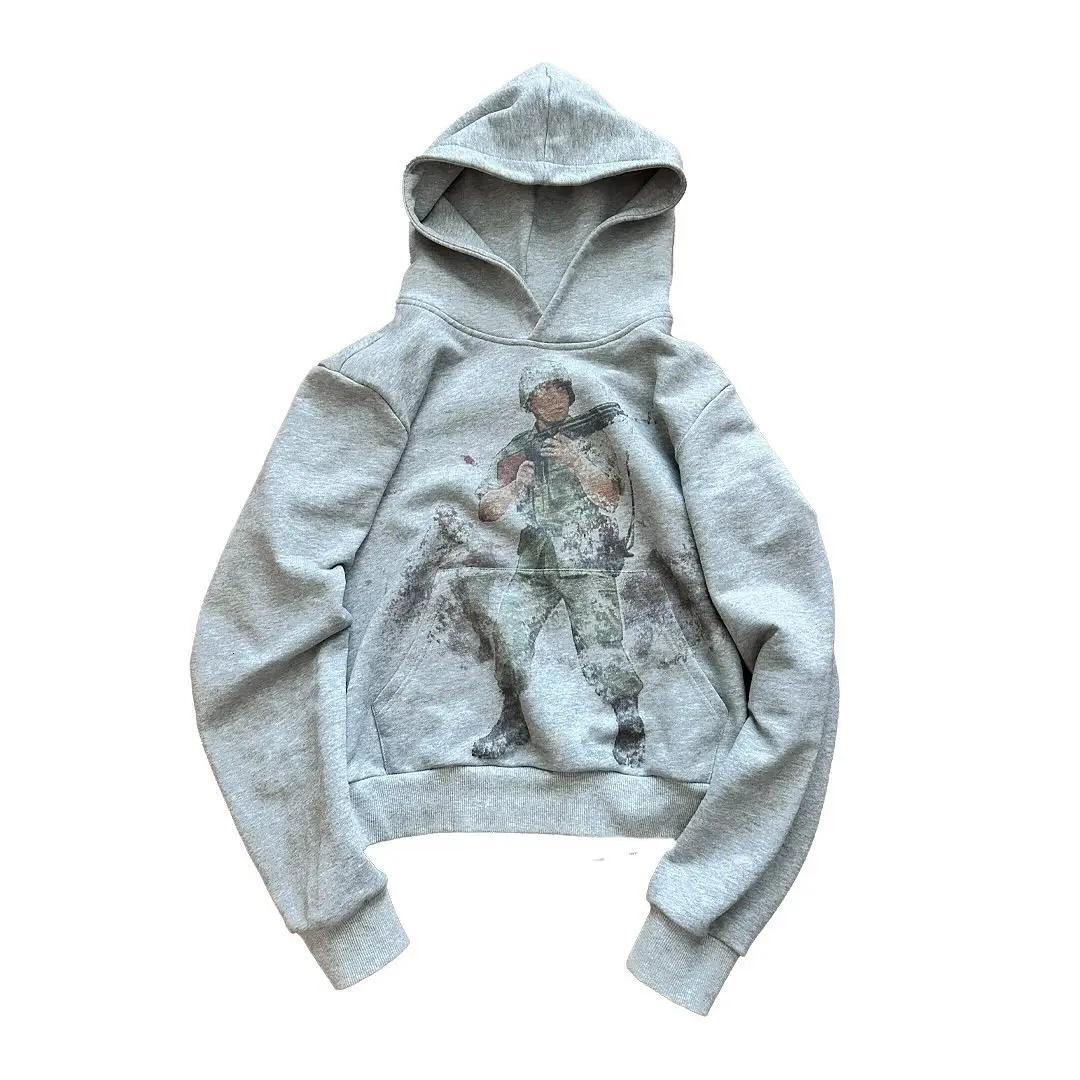 Oversized Loose Casual War Soldier Printed Hoodie Y2k Retro Old Grey Streetwear Pullover Winter Cotton Sweatshirt Men Clothing 241214