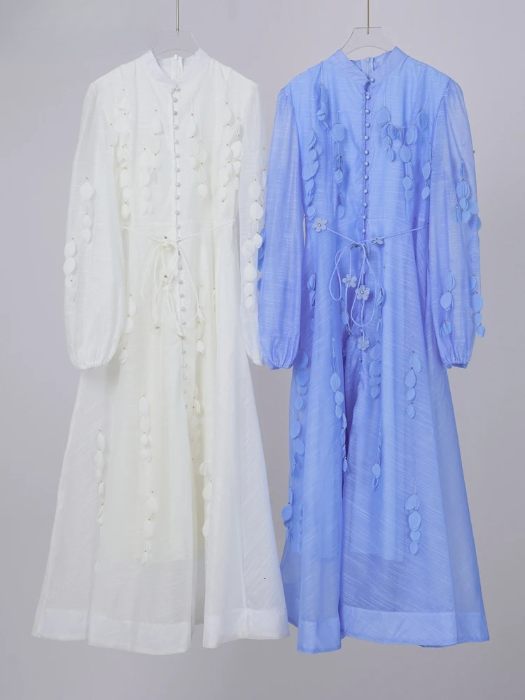 2025 Spring Summer Holiday Beading Tassels Splice Organza Loose Dresses Women's Stand Lantern Sleeve Ral Lace Up Vestidos