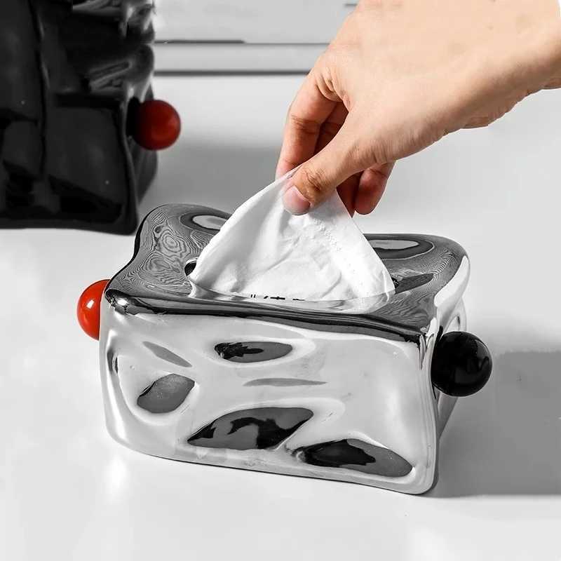 Ceramic tissue box with silver pleats Geely sphere black ball paper towel rack napkin holder desktop storage container Y241218
