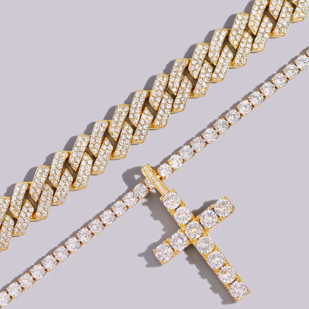 Hip Hop 2pcs Cross Tennis 14MM Prong Necklace For Men Women Iced Out 2 Row Cuban k Chain Necklaces Couple Jewelry