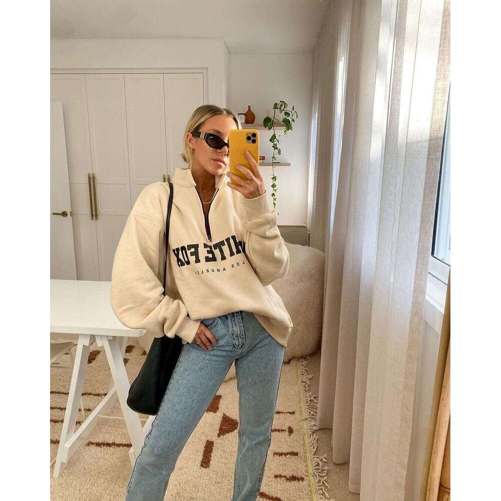 European American 2024 autumn and winter new casual versatile semi open collar zipper printed long sleeved sweatshirt