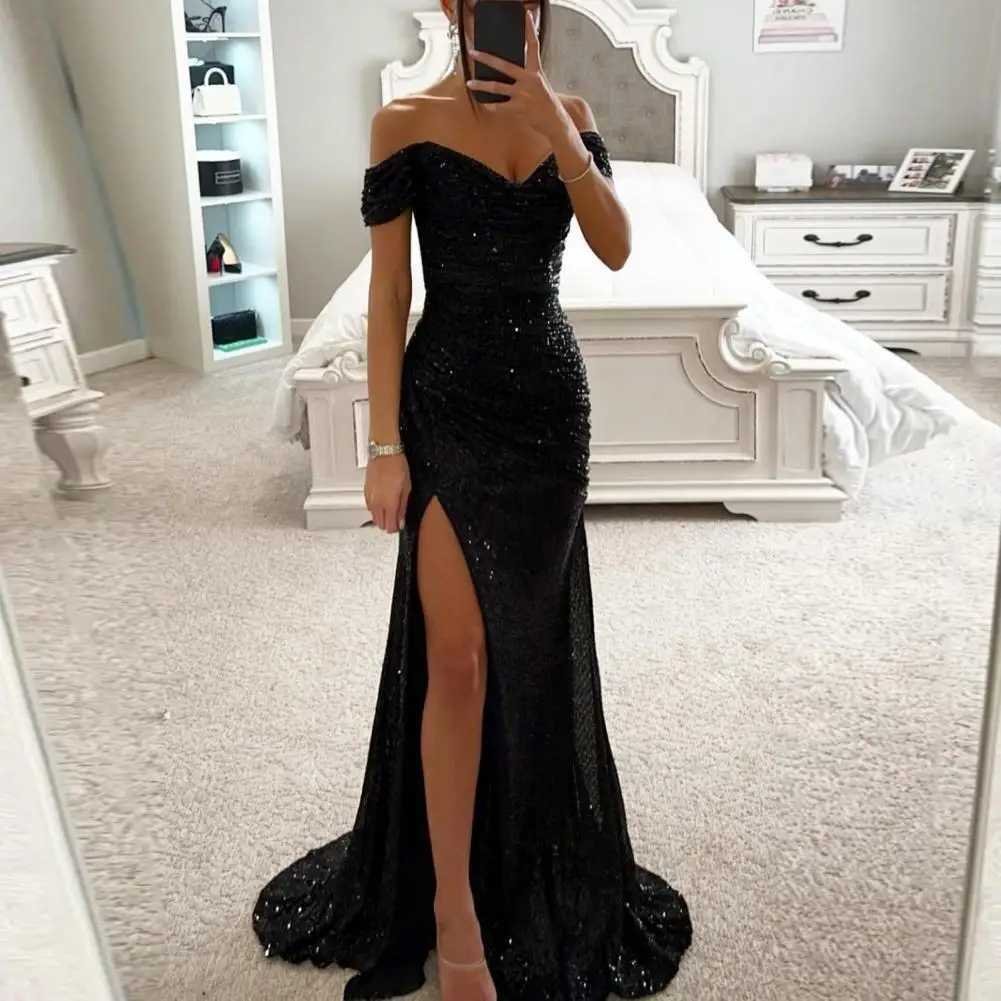 Womens V-neck shoulder long skirt with sequined pleated skirt Sve waist tight evening dress party dance party dress ultra-thin sexy split style long d